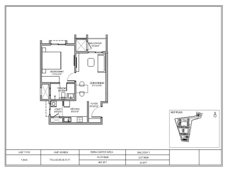 Birla Evara 1 BHK apartment floor plan, 474 sq ft carpet area layout