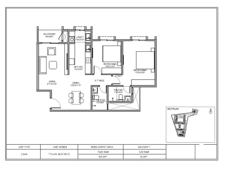 Birla Evara 2 BHK apartment floor plan, 857 sq ft carpet area layout