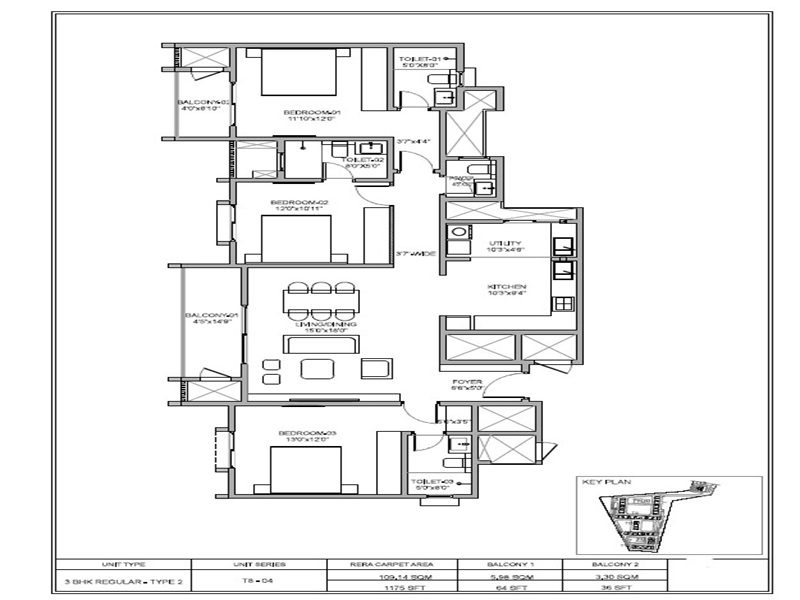 Birla Evara 3 BHK Regular apartment floor plan, 1275 to 1278 sq ft carpet area layout